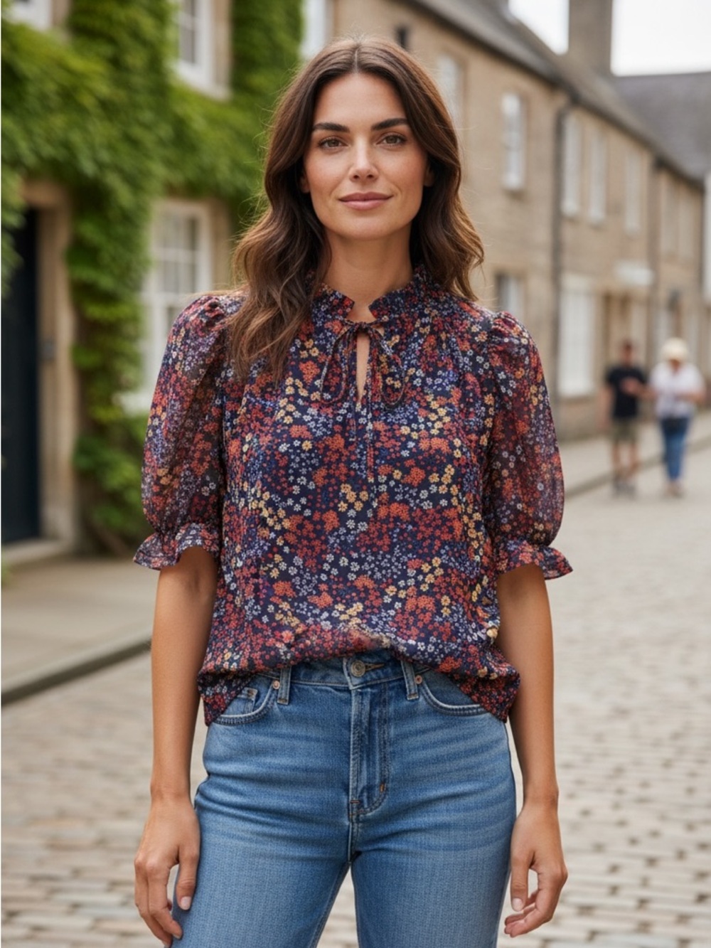 Draper James Floral Puff Sleeve Blouse Navy Multi Size Small NWT